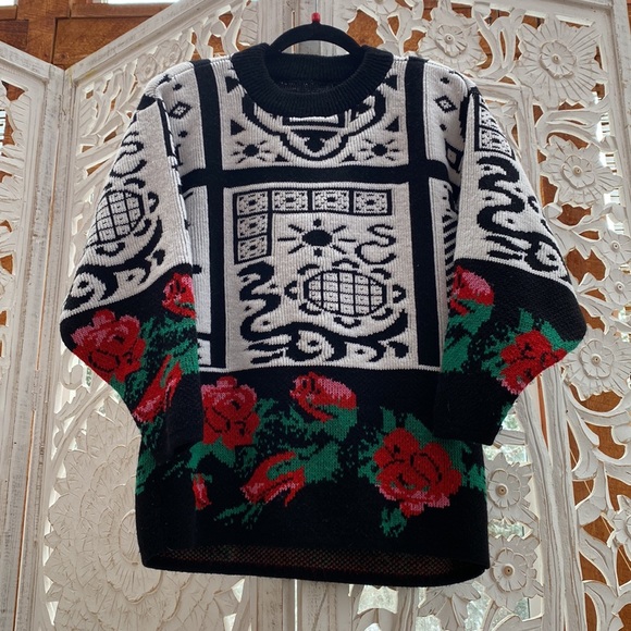 Funky 80s colorful unique rare and retro vintage floral zodiac knitted sweater - Picture 7 of 12